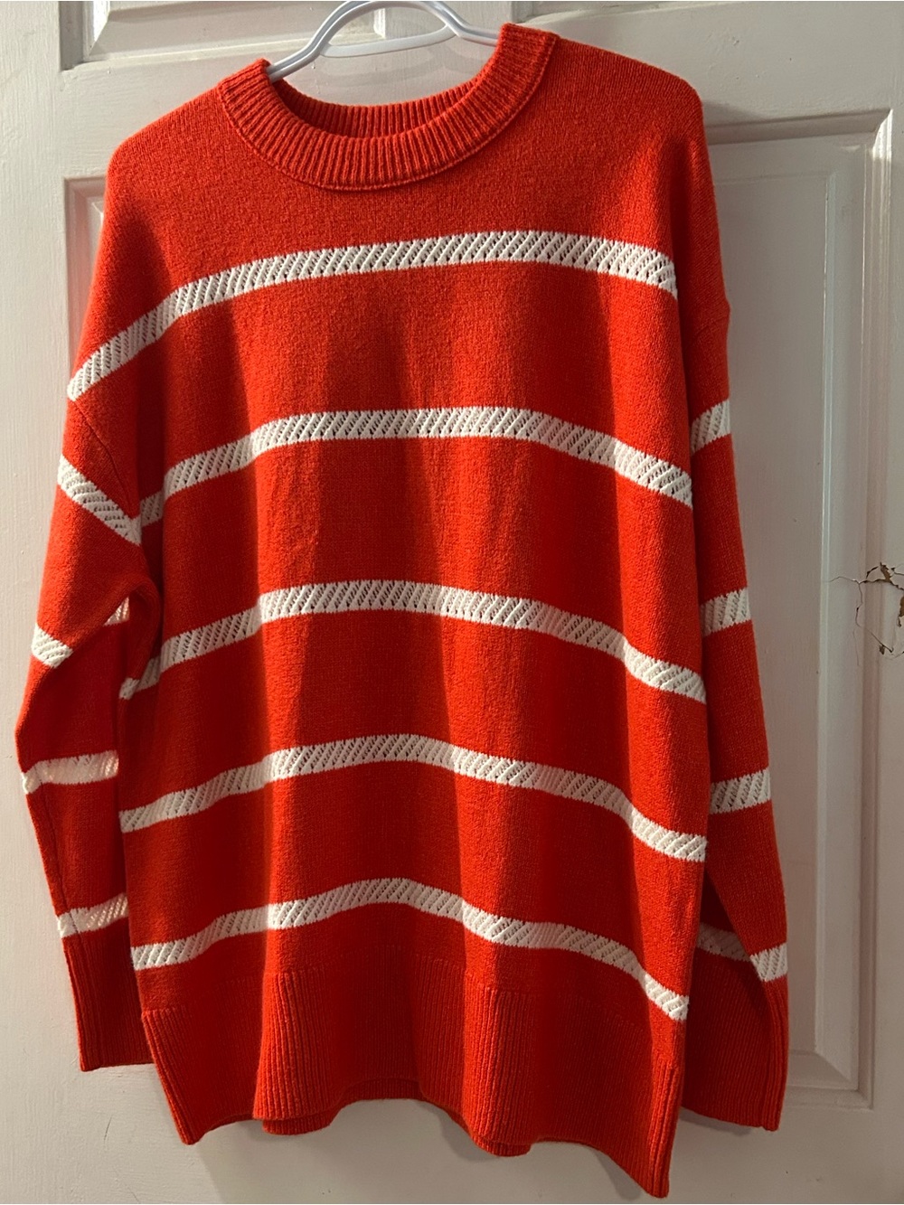 American Eagle Outfitters Red and Cream Striped Crewneck Sweater